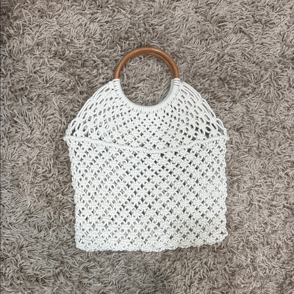 Chic White Crochet Tote with Wooden Handles